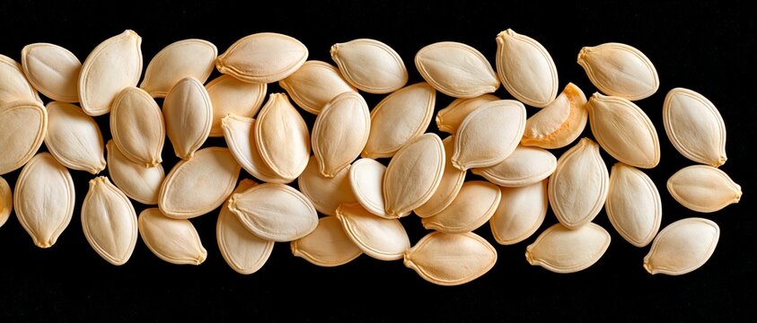 Rows of pale pumpkin seeds against dark backdrop