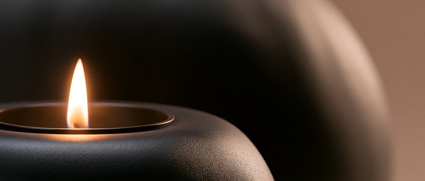 Single candle lit in matte black holder with shallow depth of field