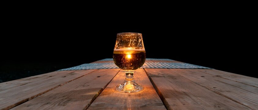 Single glass filled with golden liquid on weathered wood deck