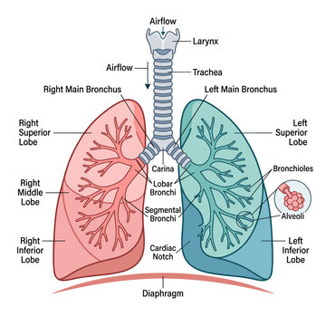 Human lung anatomy diagram with trachea bronchi and alveoli illustration