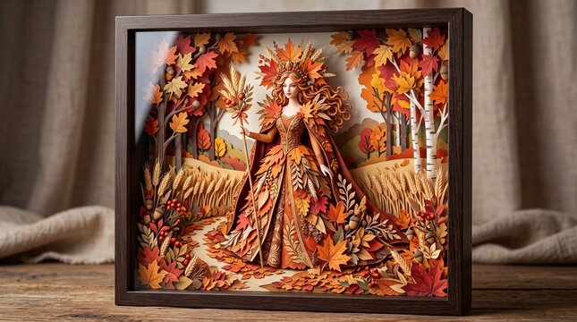 Layered paper shadow box depicting a female figure in a dress made of autumn foliage and wheat, standing in a birch forest, wooden frame