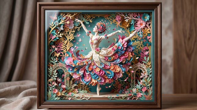 Multicolored 3d paper craft shadow box featuring a dancing woman in a vibrant floral dress, surrounded by intricate garden foliage, wooden frame
