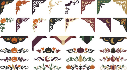 Obraz premium Vintage Halloween ornaments, retro pumpkin, moon, spider web borders, old style vector elements, traditional autumn foliage, spooky seasonal motifs