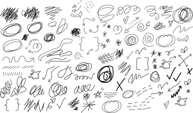 Abstract collection of hand drawn scribbles and messy pencil sketches on a white background texture