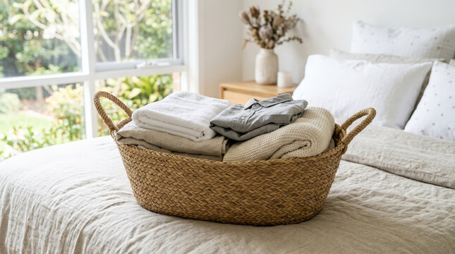 Woven wicker basket with folded fresh laundry on bed. Clean folded linen clothes, towel and knitted blanket in bedroom