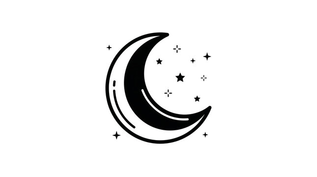 Minimalist black crescent moon with stars icon design.