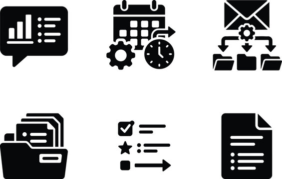 Set of black business and office productivity icons representing data analysis scheduling email management and document organization