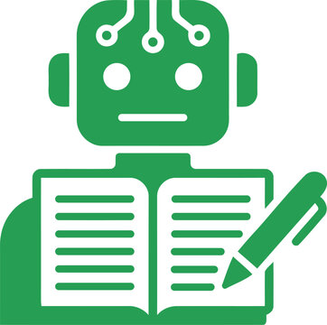 Green icon of an artificial intelligence robot writing in a notebook with a pen representing automated content creation