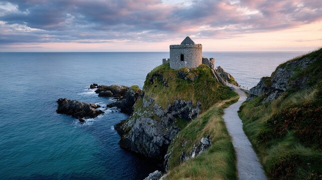 Kinbane Castle ruins on a cliff overlooking the sea at sunset
