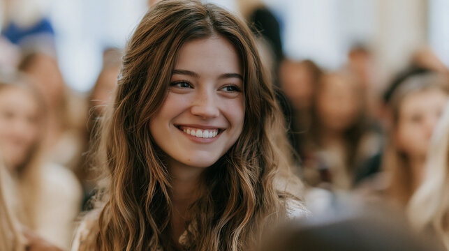 Close-up portrait of a smiling young woman with long wavy brown hair at an event