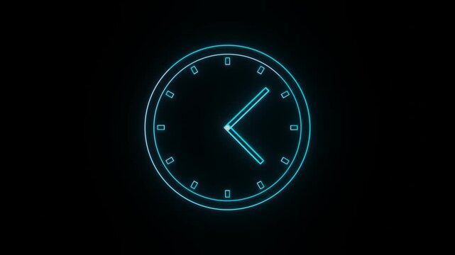 Cyan blue glowing neon clock animation with spinning hands and outline trail on dark background