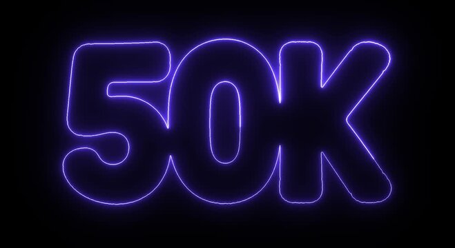50K Subscribers blue Neon Glowing Text on Black Background
