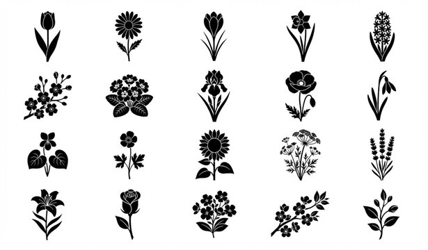 Spring Flower Black Silhouette Botanical Vector Icon Collection