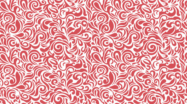 Seamless floral damask pattern with red swirls and ornate flourishes on a white background