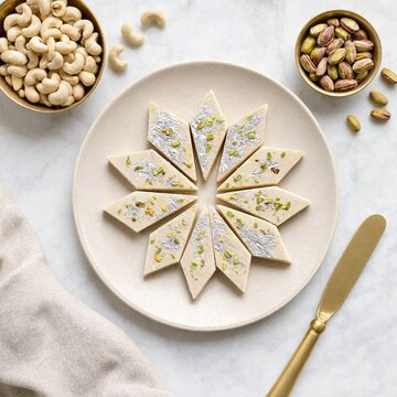 Kaju Katli Indian sweets arranged in a star pattern on a plate with cashews and pistachios