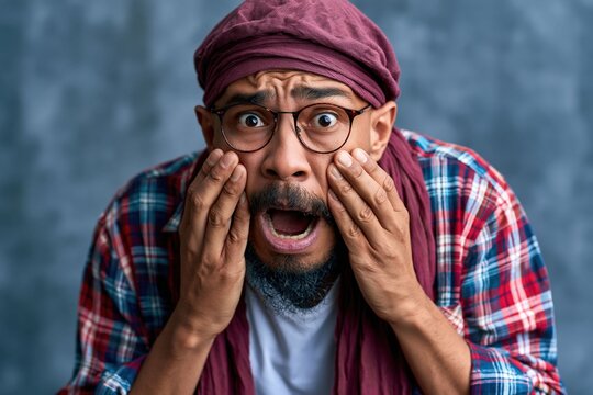 man stands against a plain background showing surprise. He wears glasses and a scarf. His hands are on his face as he expresses a strong emotional reaction in bright light