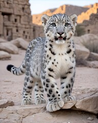 Obraz premium A fur toned snow leopard cub in desert ruins