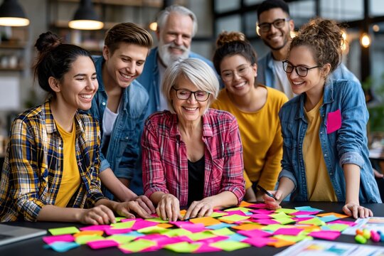 A group of young people and an older woman share ideas while working at a table filled with colorful sticky notes. They smile and discuss their project in an office setting