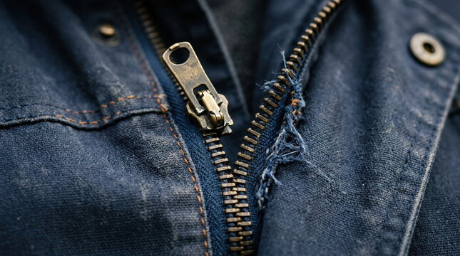 Close up of broken metal zipper with torn fabric on blue canvas work jacket. Damaged clothing repair concept