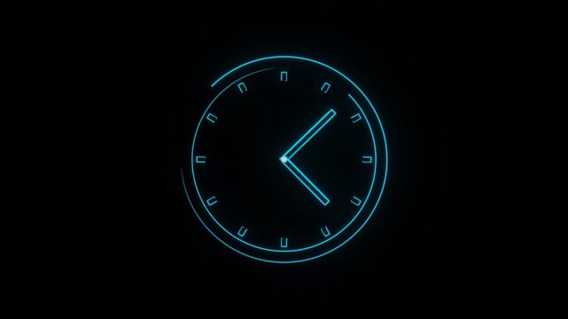 clock animation with spinning hands loop with glowing cyan neon line trails on dark background