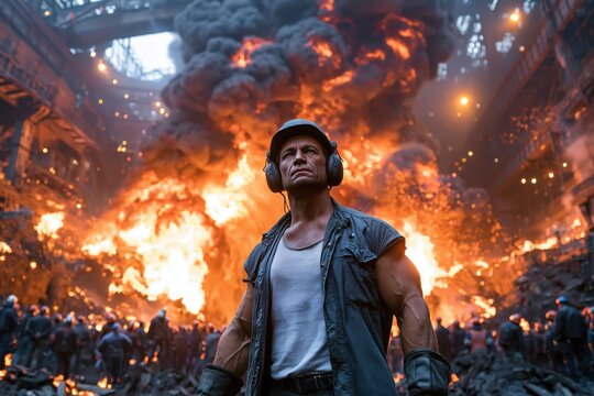 A character stands in a war zone surrounded by fire and smoke. People gather in the background, all wearing protective gear. The setting shows chaos and intensity during a conflict