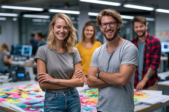 Young adults stand together in a bright office, smiling and posing for the camera. Others work on colorful projects and tasks at desks in the background