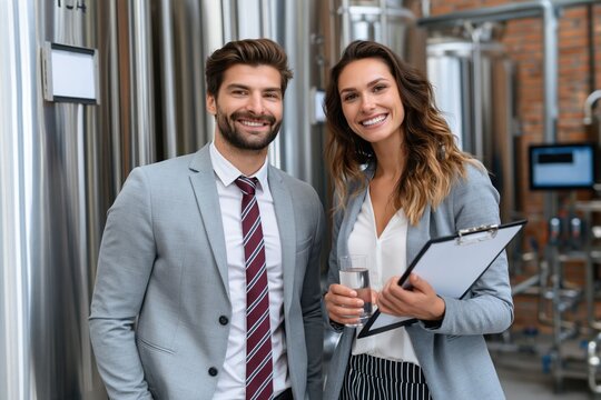 A man and a woman stand together in a brewery. The man holds a glass of water, and the woman has a clipboard. They appear to be discussing business