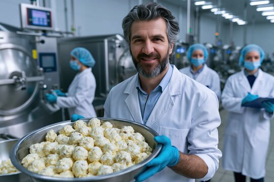 A man stands in a food processing factory holding a large bowl filled with food. Workers in the background are engaged in their tasks. It is during a busy production time