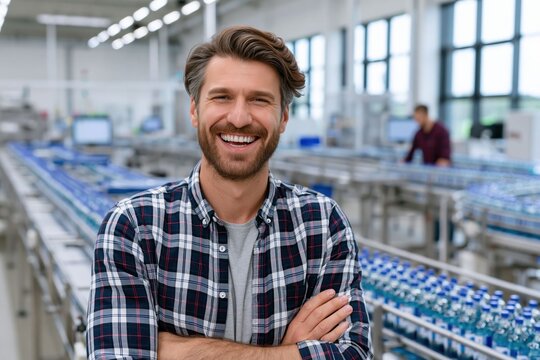 A man stands in a beverage factory, smiling with crossed arms. Workers are visible in the background. The setting is bright with many bottles of water lined up on the production line