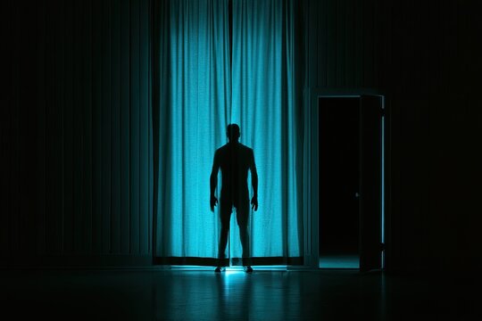 Silhouetted figure illuminated by blue light, facing a doorway