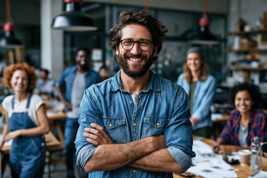 A group of five individuals stands in a casual workshop space. Two people sit at tables in the background. Everyone is smiling and appears friendly while wearing casual clothing