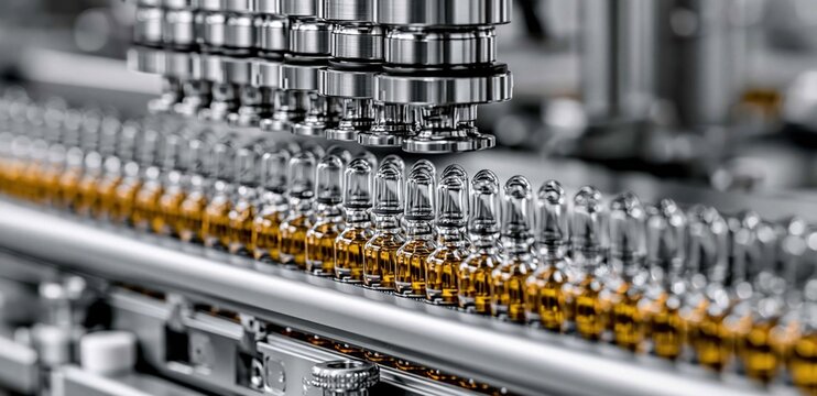Machines work together to fill vials with liquid in factory setting. Workers monitor process, ensuring each vial is filled and capped properly during production