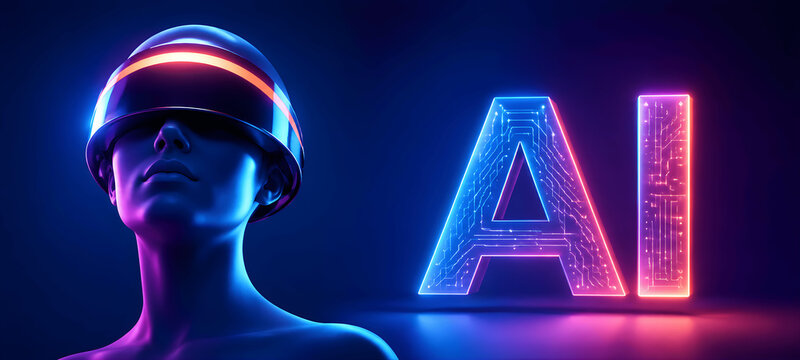 Futuristic Virtual Reality Concept Woman Wearing VR Headset Next to Glowing AI Neon Text