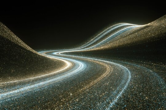 A winding path made of light cuts through an abstract landscape. The scene shows glowing lines moving through undulating forms in a dark setting