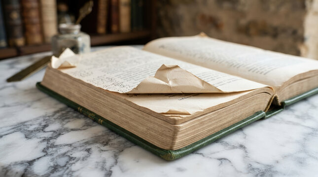 Open vintage book with dog eared folded page corner on marble table. Antique hardcover manuscript in old library