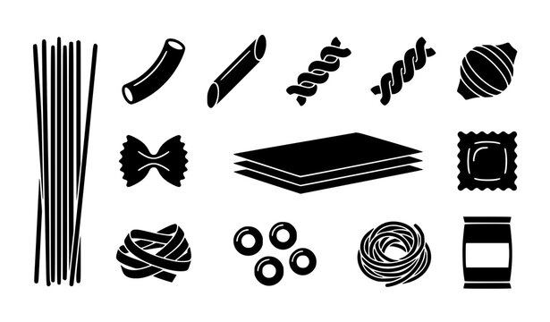 Italian Traditional Pasta and Dried Noodle Glyph Vector Icons Collection