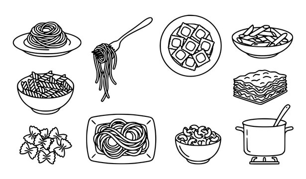 Italian Pasta and Noodle Dishes Outline Vector Icons Collection