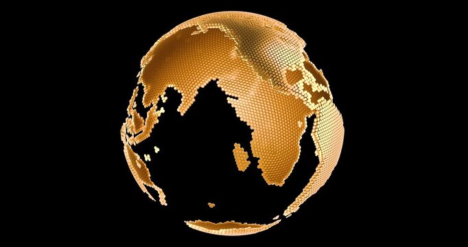 Golden hexagon mesh globe rotation animation seamlessly loopable. 3D rendering isolated on transparent background