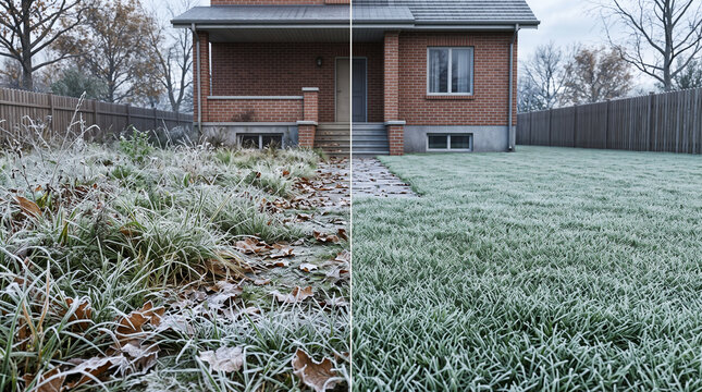 Split Image Showing Winter Prepared Lawn and Frosted Unkempt Garden