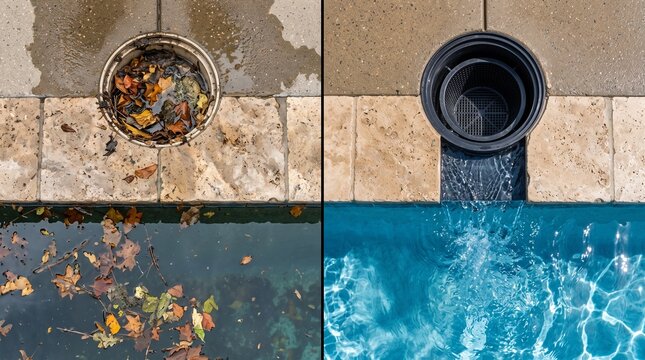 Before and After Pool Skimmer Maintenance with Dirty Leaves and Clean Water