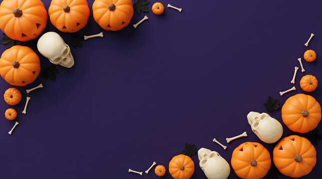 Bright orange pumpkins and realistic human skulls arranged as festive borders on a dark purple background for creative halloween holiday designs