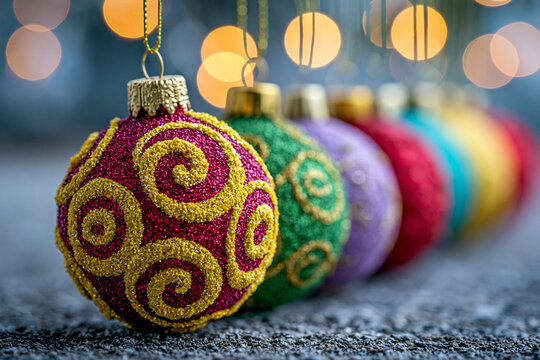 Colorful glittering christmas baubles lined up in a row with soft bokeh lights