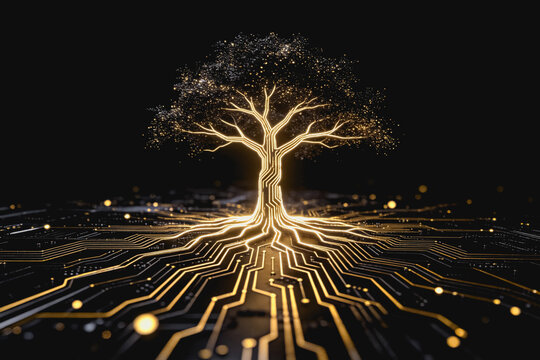 A conceptual 3D artwork of a glowing tree whose roots and structure form a circuit board, blending nature and digital technology.