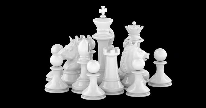 White chess pieces set rotation animation seamlessly loopable. 3D rendering isolated on transparent background