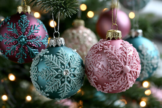 Colorful decorated christmas baubles hanging on a pine tree branch with bokeh lights