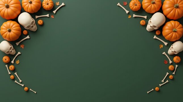 Decorative halloween border featuring bright orange pumpkins and human skulls arranged artistically on a solid muted dark green background surface