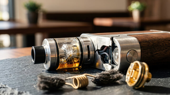 Broken vape mod device with cracked glass tank and leaking liquid. Damaged electronic cigarette on slate surface