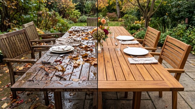 Split Wooden Patio Dining Table Before and After Cleaning and Setup