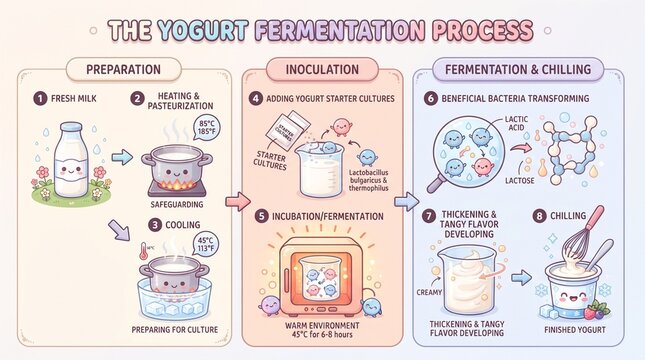 A charmingly illustrated guide to the simple and scientific steps involved in the delightful process of yogurt fermentation, from fresh milk to a finished, creamy product