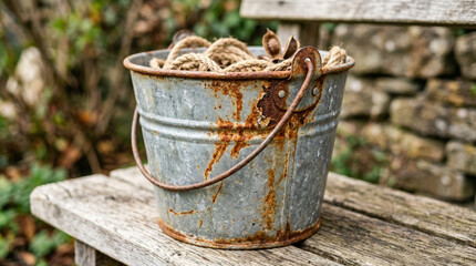 Naklejka premium Old rusty galvanized bucket filled with rope on wooden bench. Weathered vintage metal pail outdoors